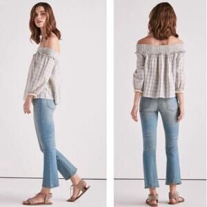 NWT Lucky Brand Off Shoulder Blouse Top Striped Blue & White 3/4 Sleeve Size S
